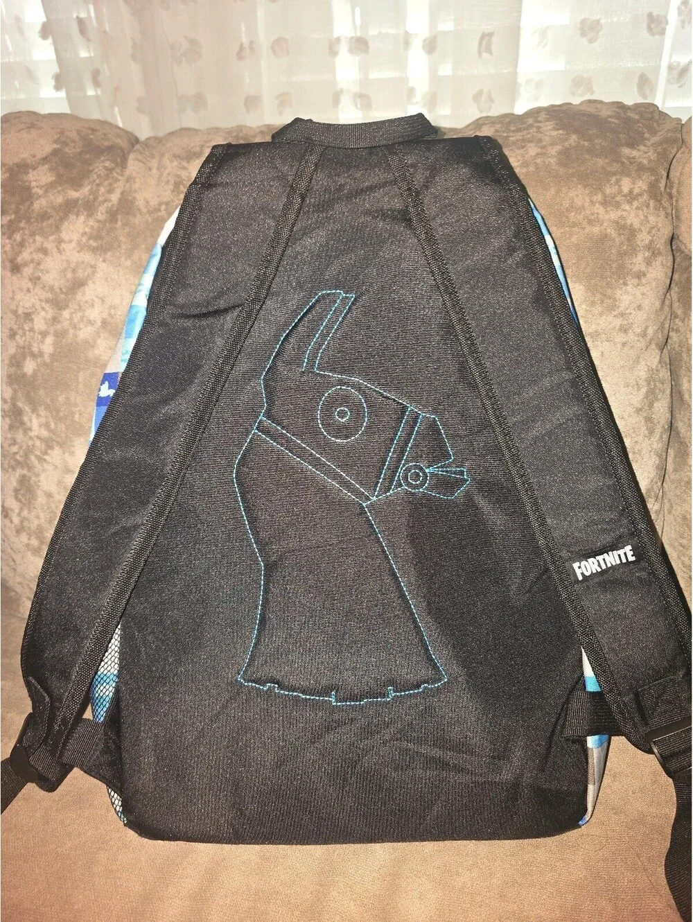 Fortnite Blue and Gray Checkered Backpack with Llama Logo